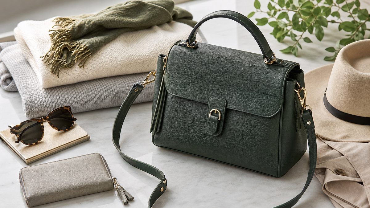Forest green leather handbag styled with travel and wardrobe essentials